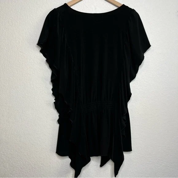 Cocomo Women‎ Top XL Black Jersey Knit Stretch Scoop Neck Ruched Waist Ruffle - Picture 5 of 6